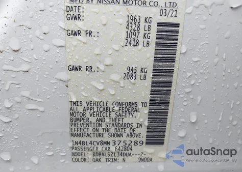 2021 Nissan Altima Sr z USA, uszkodzony, nr VIN 1N4BL4CV8MN375289